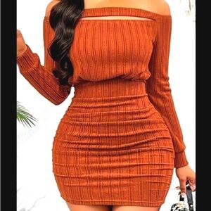 Elegant Off-Shoulder Brown Dress Sz Small